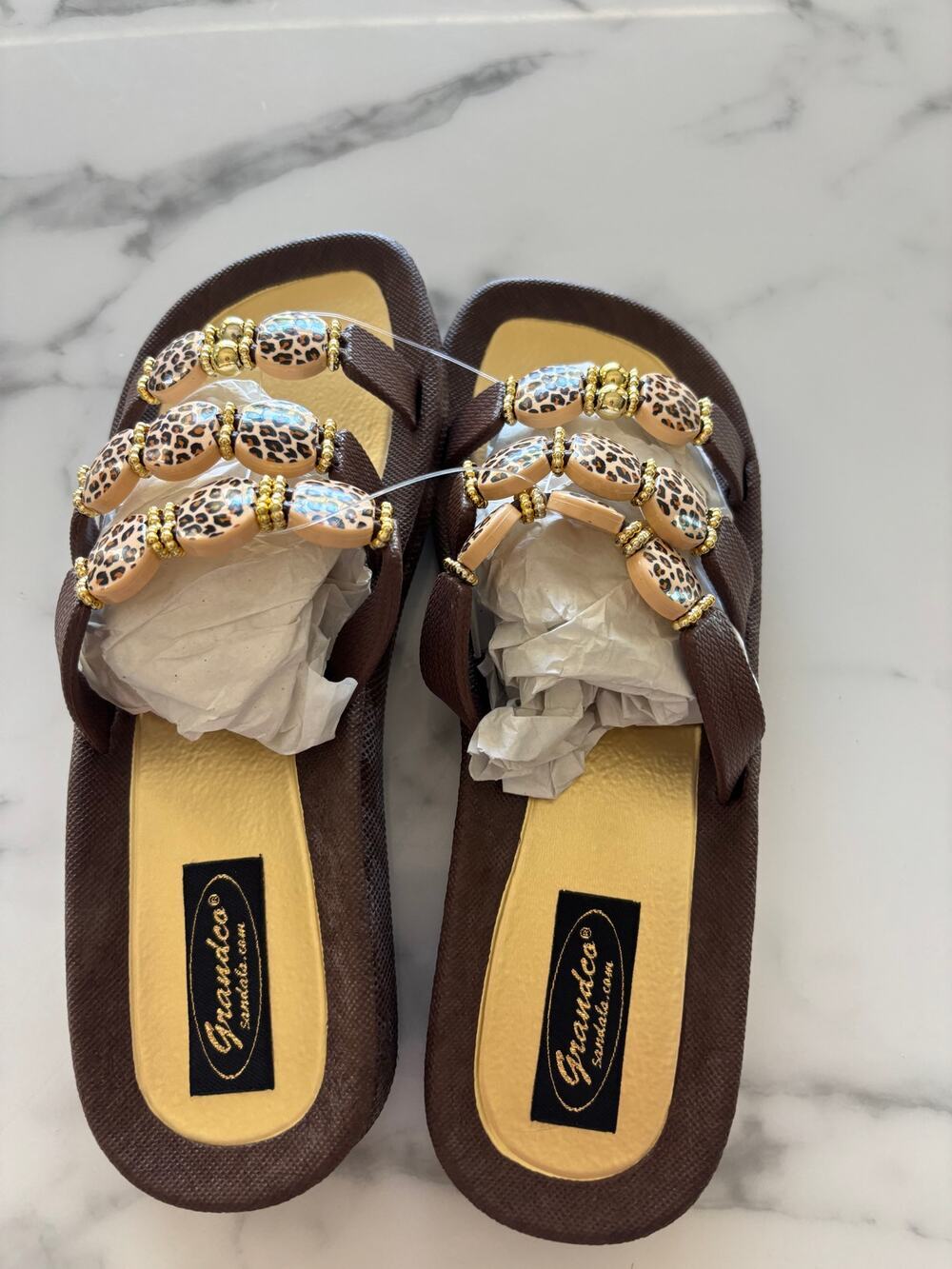 Grandco Sandals Leopard Beaded Double Strap Slide Women's Size 8 Brown Gold New